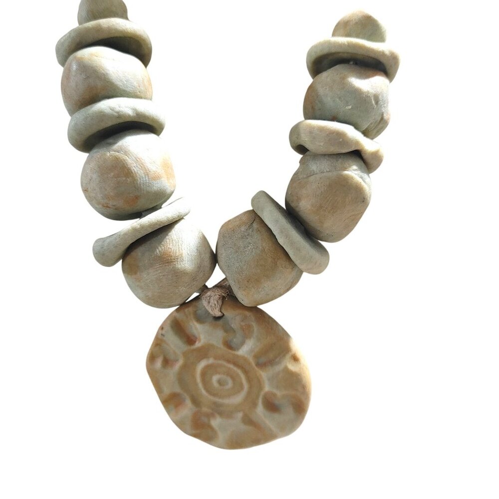 Sunburst Pendant Boho Natural Earth Tones Handcrafted Clay Beads Necklace Round